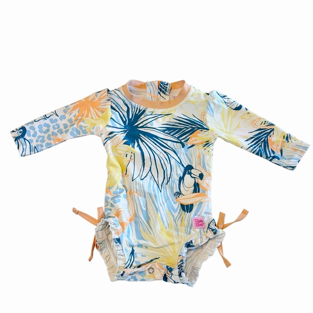 Rufflebutts Swimsuit Baby Girls Size 3-6 Months Long Sleeve One Piece Tropical